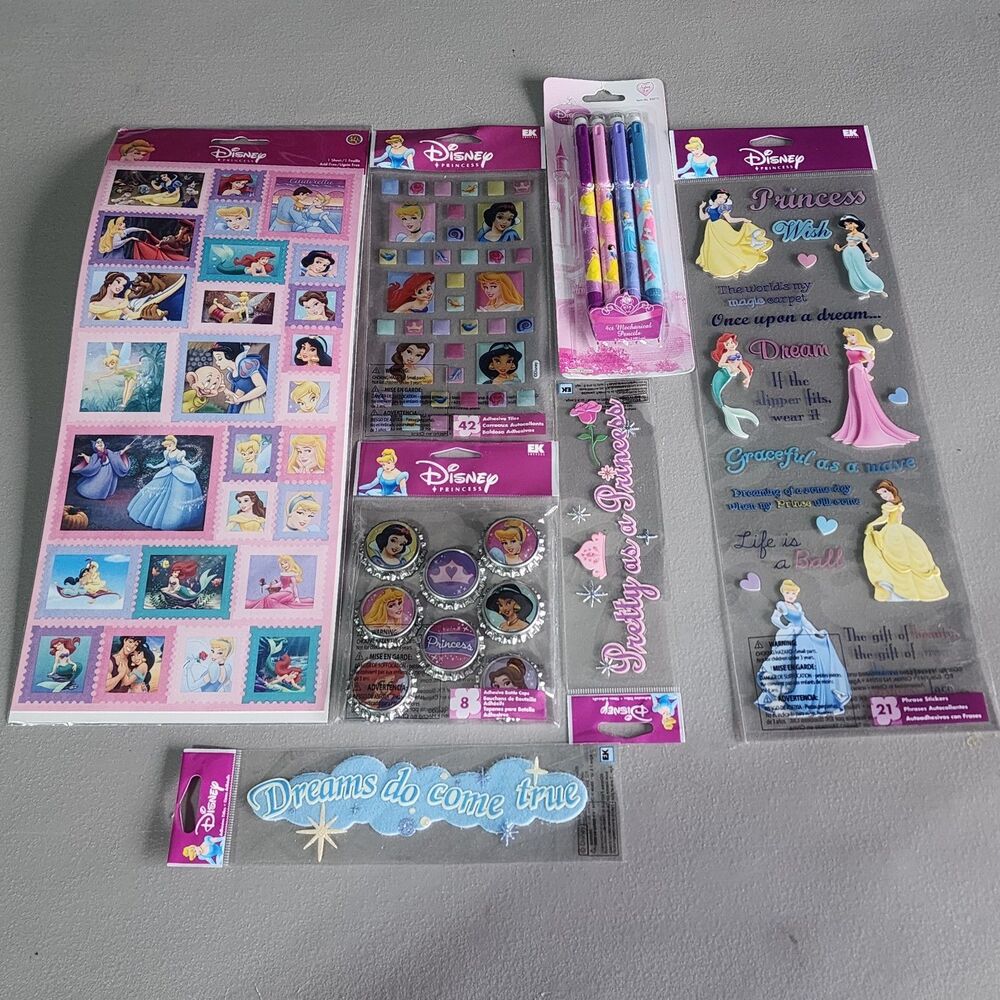 New Disney Princess Activity Craft Lot Stickers Pins Pens Stationery Set...